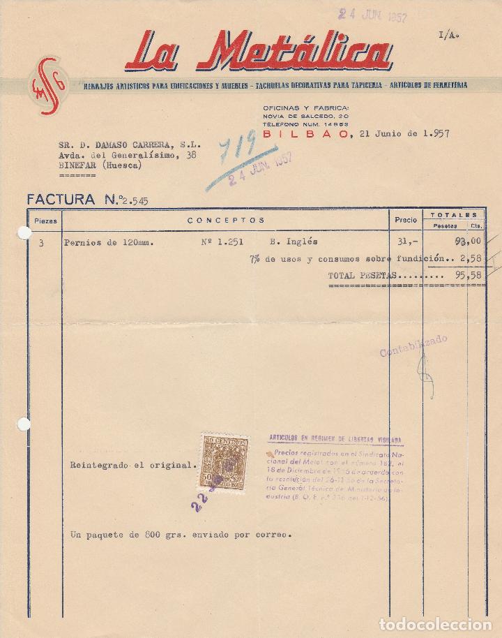 Fatture antiche: FACTURA. LA MET&Aacute;LICA. HERRAJES ART&Iacute;STICOS PARA EDIFICACIONES Y MUEBLES. BILBAO. 1957.