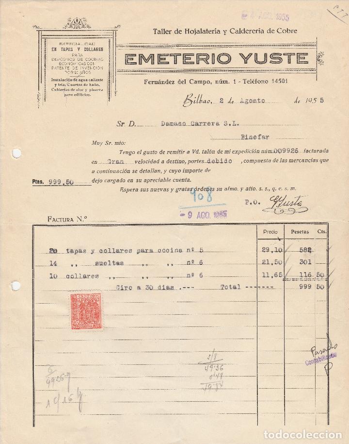 Fatture antiche: FACTURA. EMETERIO YUSTE. TALLER DE HOJLATERIA Y CALDERERIA DE COBRE. BILBAO 1955.