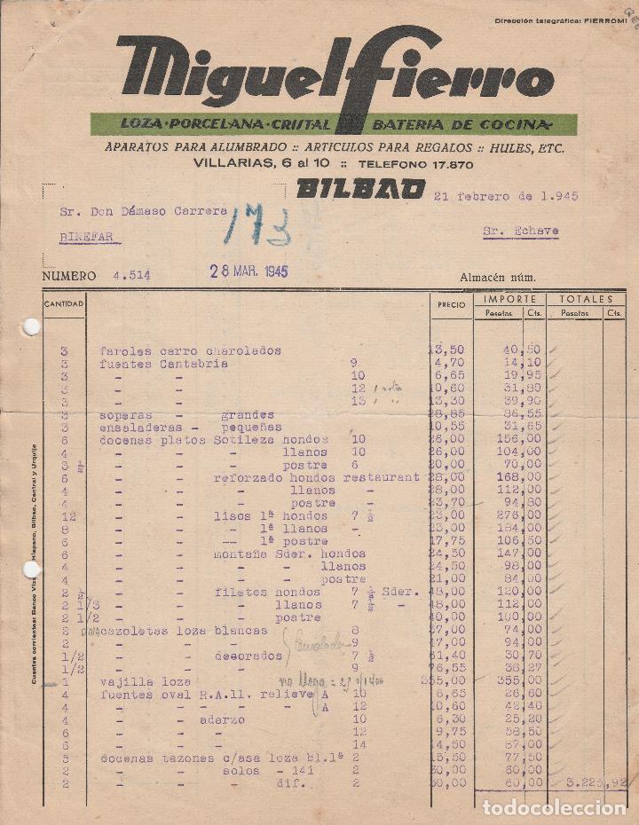 Fatture antiche: FACTURA. MIGUEL FIERRO. LOZA-PORCELANA-CRISTAL, BATER&Iacute;A DE COCINA. BILBAO. 1945.