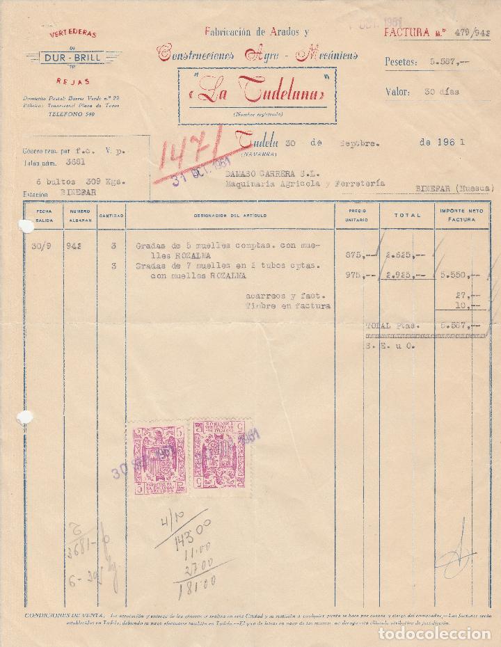 Fatture antiche: FACTURA. LA TUDELANA. F&Aacute;BRICA DE ARADOS Y CONSTRUCCIONES AGRO-MEC&Aacute;NICAS. TUDELA-NAVARRA. 1961.