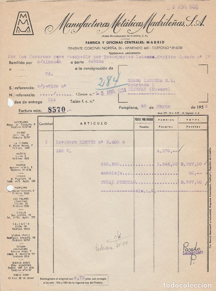 Fatture antiche: FACTURA. MANUFACTURAS MET&Aacute;LICAS MADRILE&Ntilde;AS, S.A. PAMPLONA. 1956.