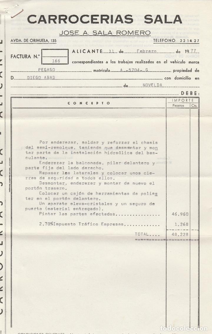 Factures anciennes: FACTURA. CARROCERIAS SALA. JOSE A. SALA ROMERO. ALICANTE. 1977.