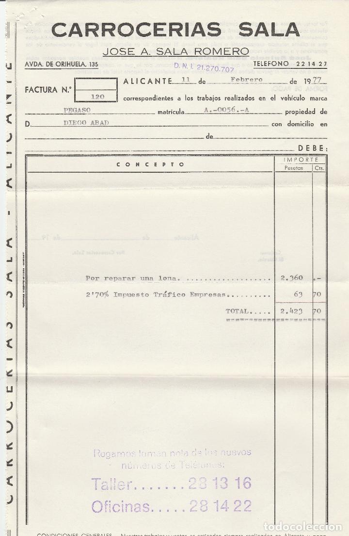Factures anciennes: FACTURA. CARROCERIAS SALA. JOSE A. SALA ROMERO. ALICANTE. 1977.