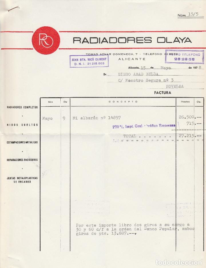 Factures anciennes: FACTURA. RADIADORES OLAYA. ALICANTE. 1978.