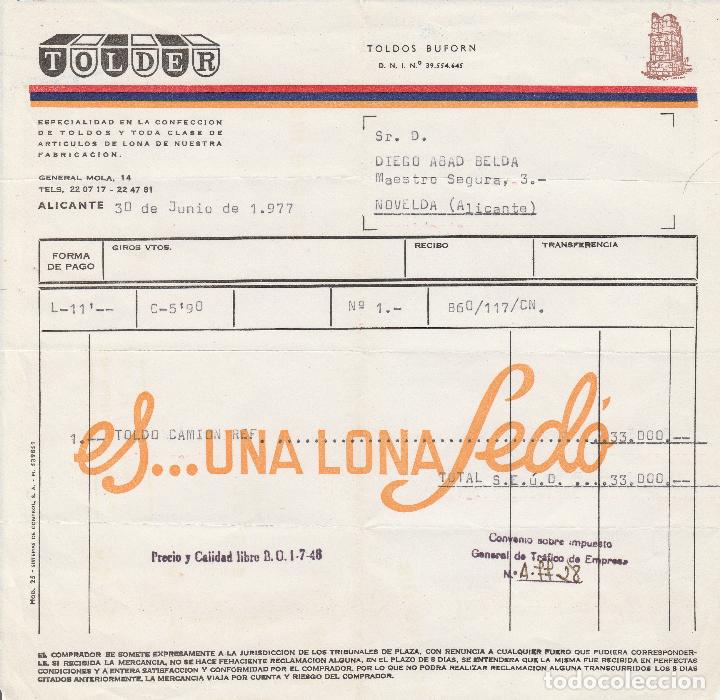 Factures anciennes: FACTURA. TOLDER. ALICANTE. 1977.