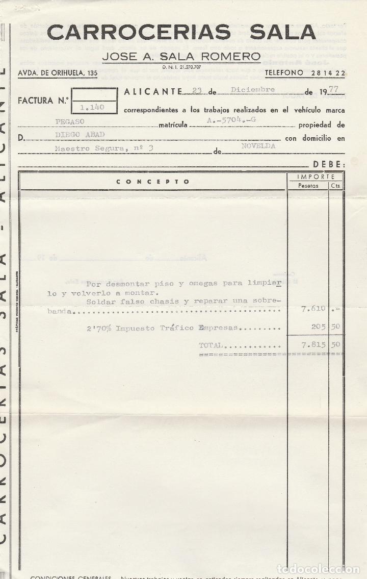Factures anciennes: FACTURA. CARROCERIAS SALA. JOSE A. SALA ROMERO. ALICANTE. 1977.