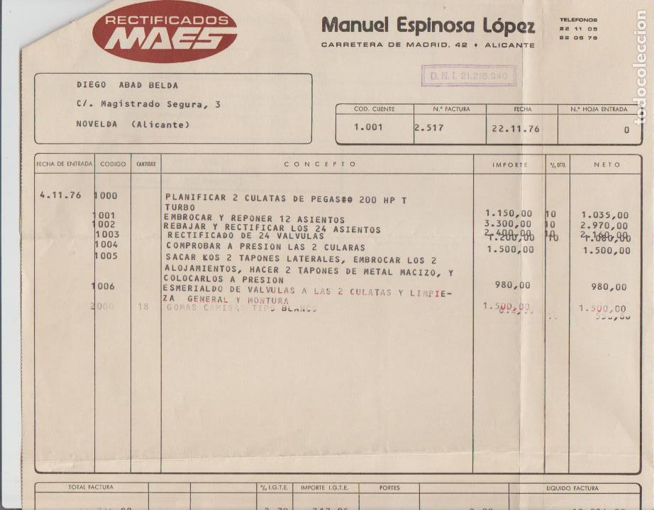 Factures anciennes: FACTURA. RECTIFICADOS MAES. MANUEL ESPINOSA L&Oacute;PEZ. ALICANTE. 1976.