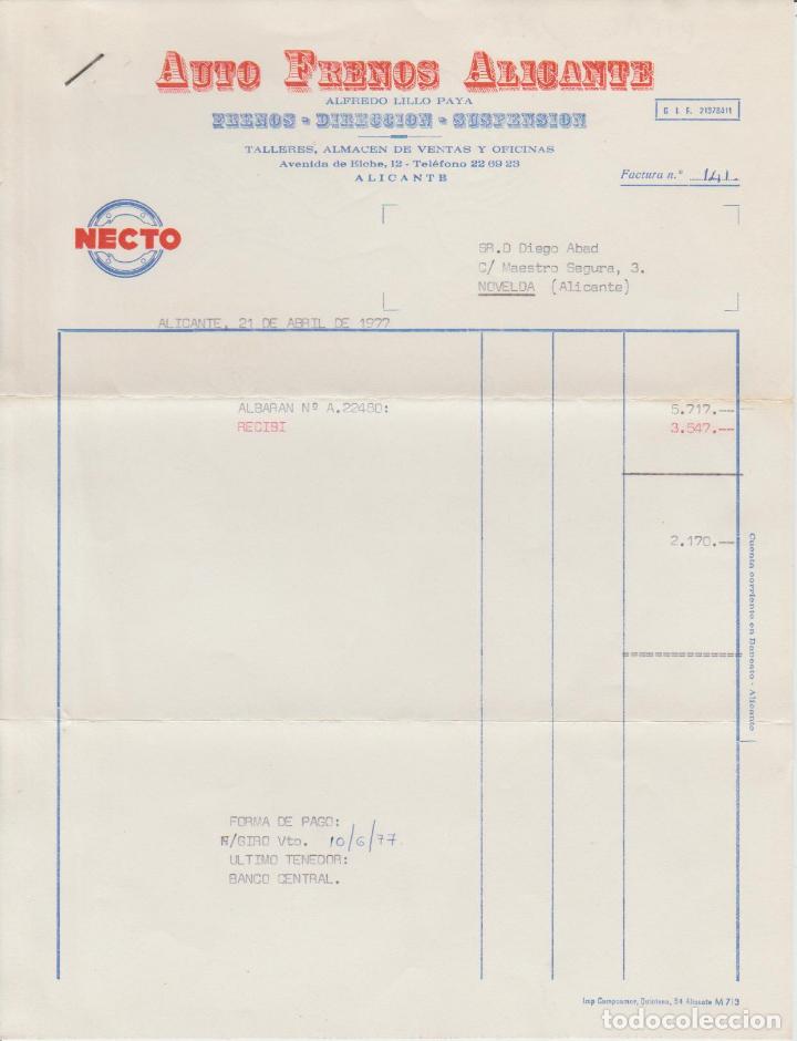 Factures anciennes: FACTURA. AUTO FRENOS ALICANTE. ALICANTE. 1977.