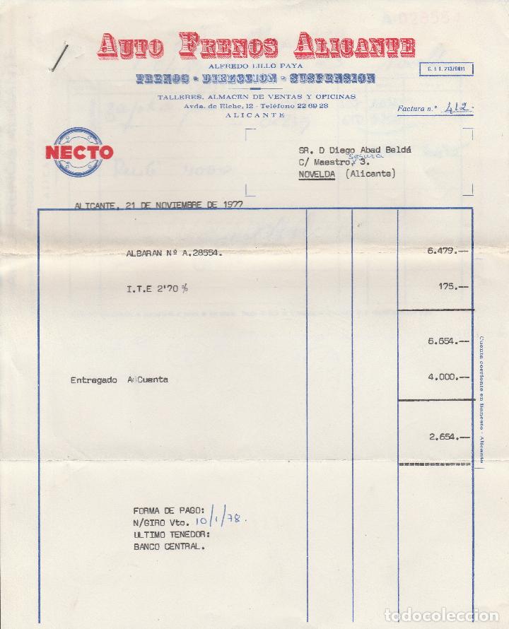 Factures anciennes: FACTURA. AUTO FRENOS ALICANTE. ALICANTE. 1977.