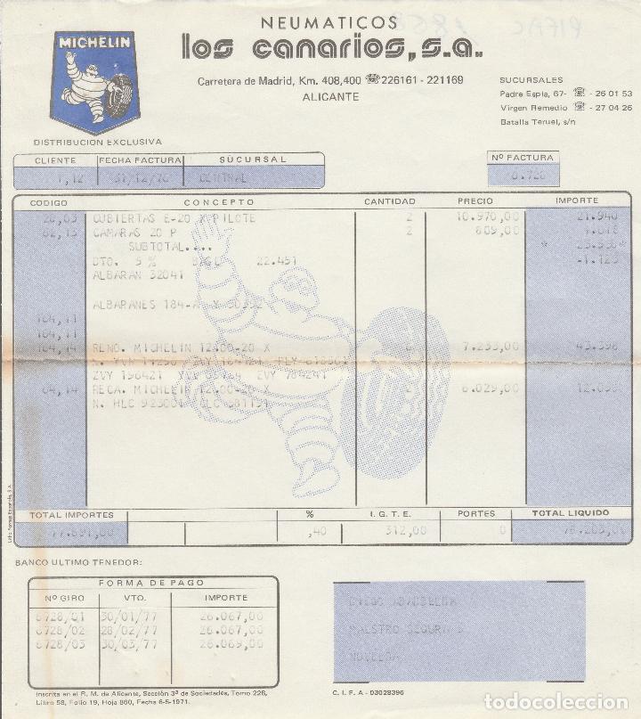 Factures anciennes: FACTURA. NEUM&Aacute;TICOS LOS CANARIOS, S.A. ALICANTE. 1976.