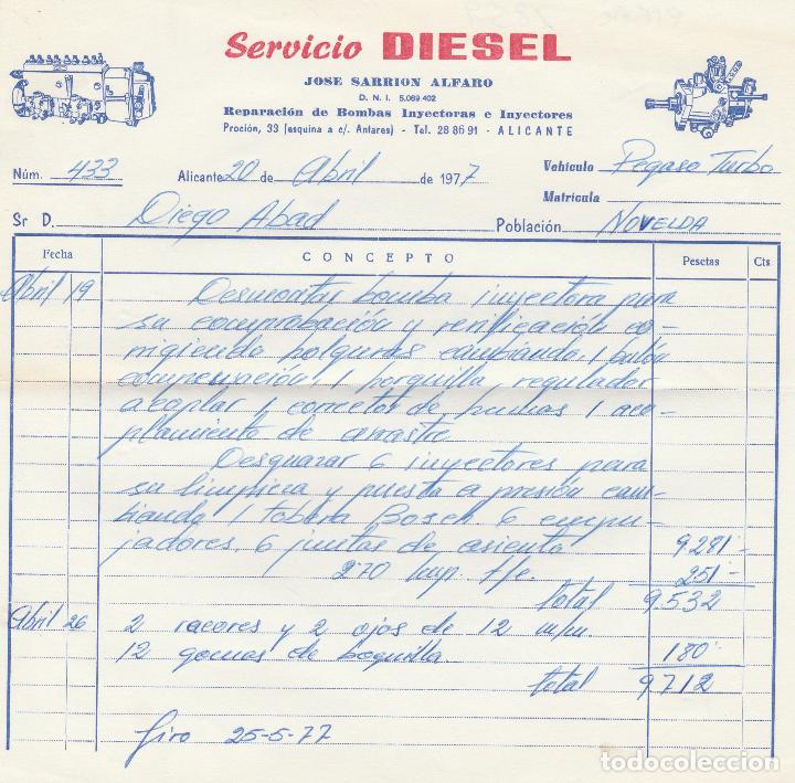 Factures anciennes: FACTURA. SERVICIO DIESEL. JOSE SARRION ALFARO. ALICANTE. 1977.