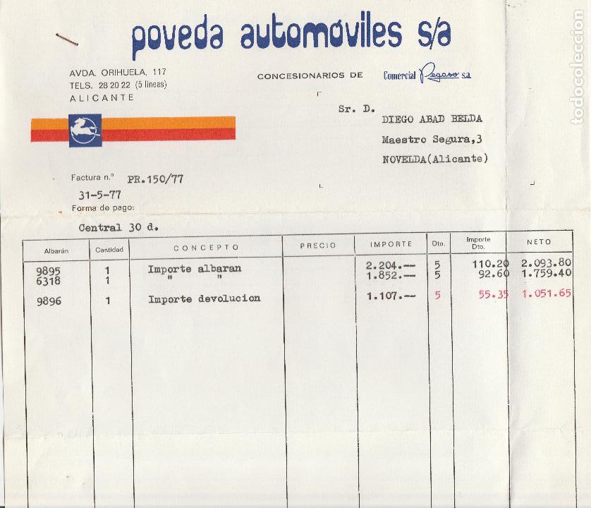 Factures anciennes: FACTURA. POVEDA AUTOMOVILES, S.A. ALICANTE. 1977.
