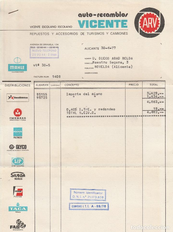 Factures anciennes: FACTURA. AUTO-RECAMBIOS VICENTE. ALICANTE. 1977.