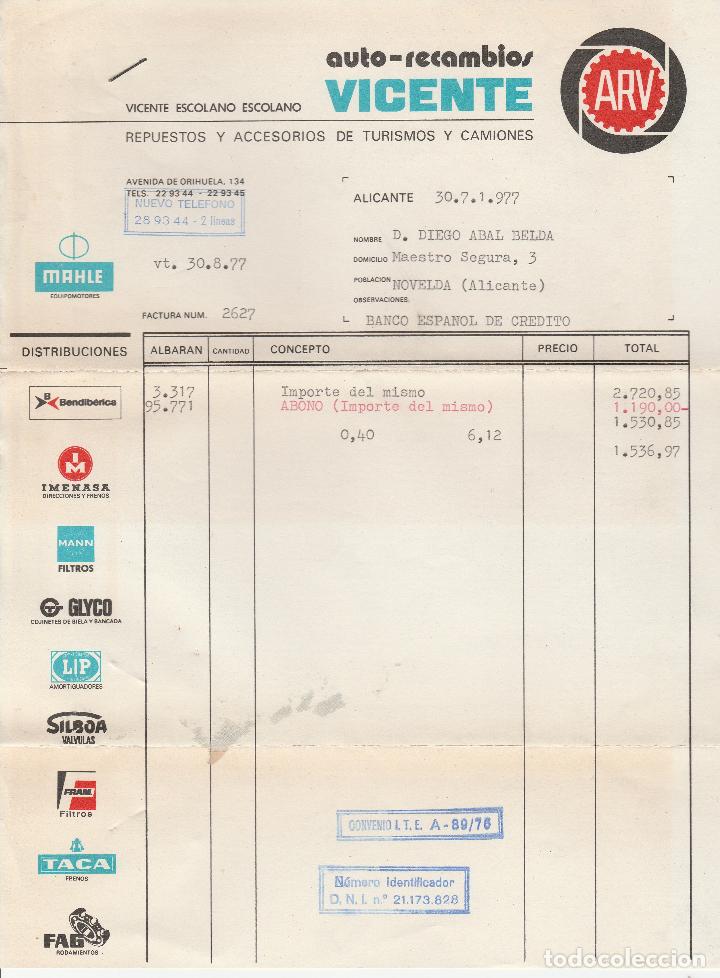 Factures anciennes: FACTURA. AUTO-RECAMBIOS VICENTE. ALICANTE. 1977.