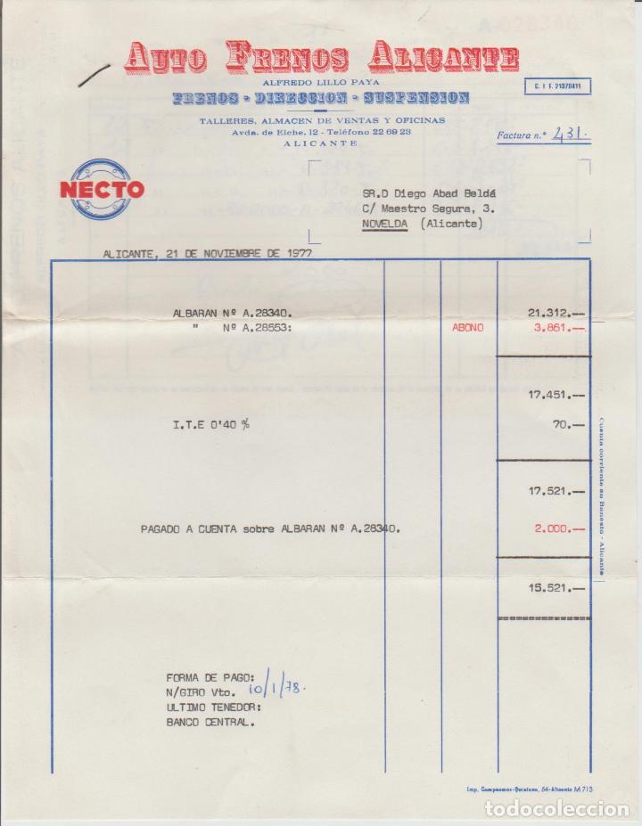 Factures anciennes: FACTURA. AUTO FRENOS ALICANTE. ALICANTE. 1977.