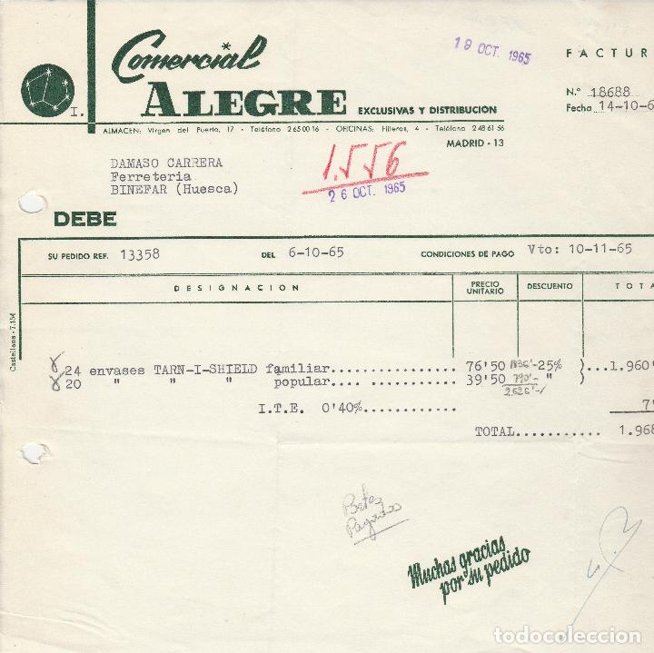 Factures anciennes: FACTURA. COMERCIAL ALEGRE. MADRID. 1965.