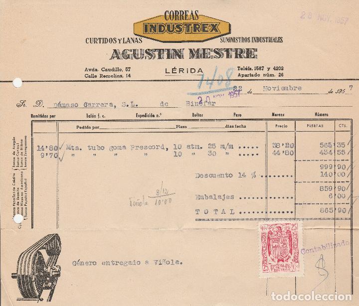 Factures anciennes: FACTURA. AGUSTIN MESTRE. CORREAS INDUSTREX. L&Eacute;RIDA. 1957.