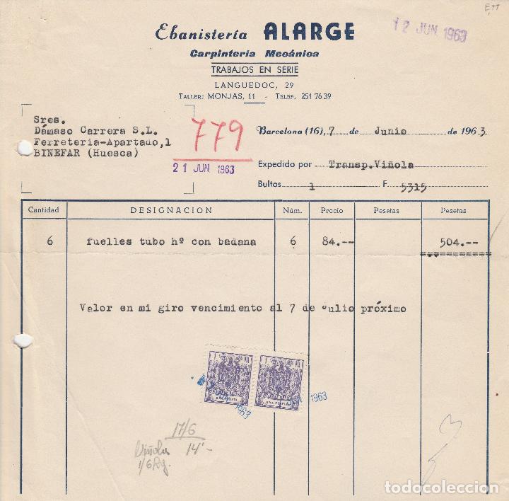 Factures anciennes: FACTURA. EBANISTER&Iacute;A ALARGE. CARPINTER&Iacute;A MEC&Aacute;NICA. BARCELONA. 1963.