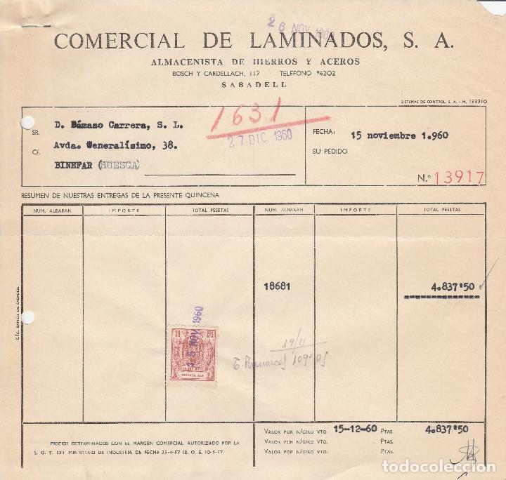 Factures anciennes: FACTURA. COMERCIAL DE LAMINADOS, S.A. SABADELL. 1960.