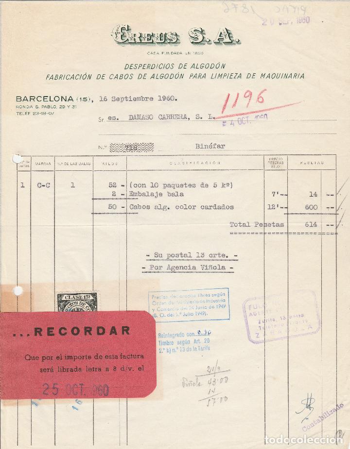 Factures anciennes: FACTURA. EREUS, S.A. BARCELONA. 1960.
