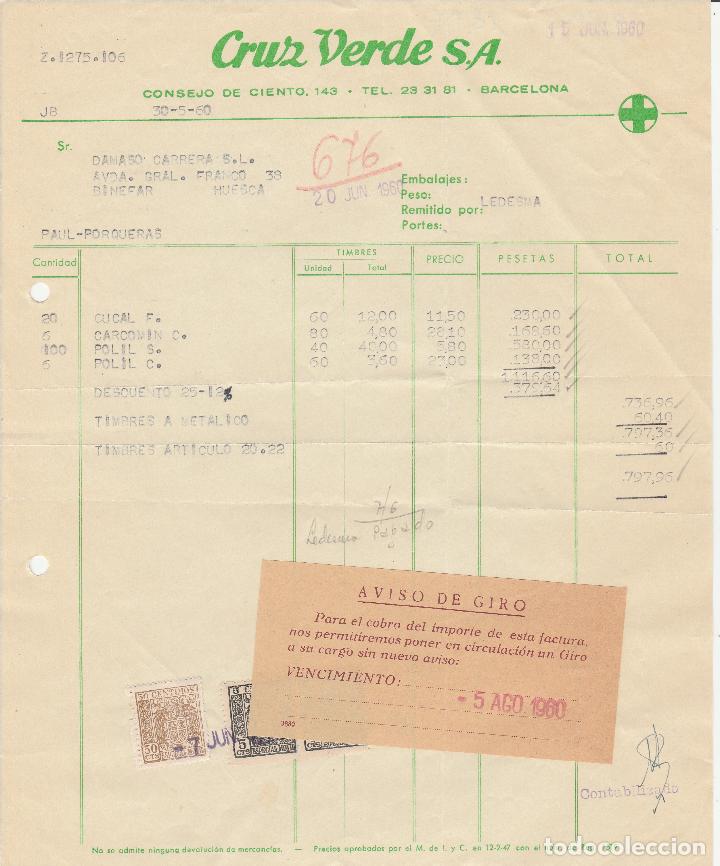 Factures anciennes: FACTURA. CRUZ VERDE, S.A. BARCELONA. 1960.