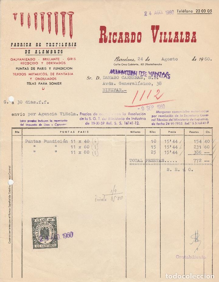 Factures anciennes: FACTURA. RICARDO VILLALBA.  BARCELONA. 1960.