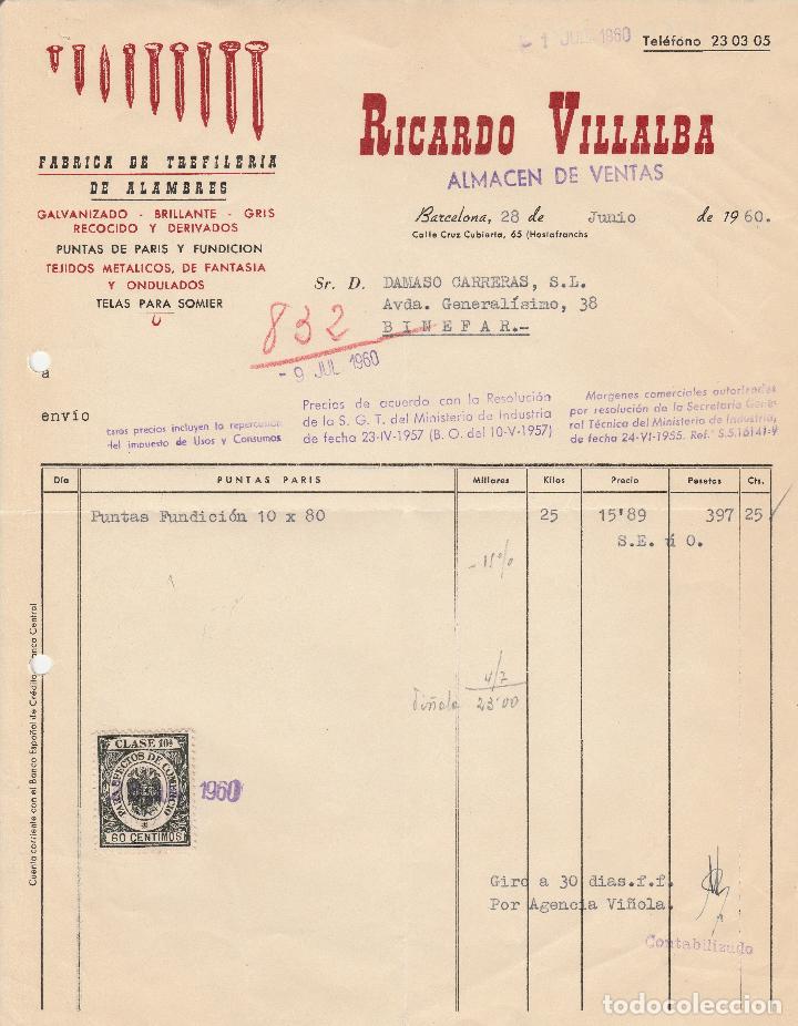 Factures anciennes: FACTURA. RICARDO VILLALBA. BARCELONA. 1960.