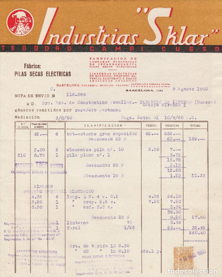 Factures anciennes: FACTURA. INDUSTRIAS SKLAR. TEODORO CAMPI CUSSO. FABRICACI&Oacute;N DE LAMPARAS EL&Eacute;CTRICAS. BARCELONA. 1960.