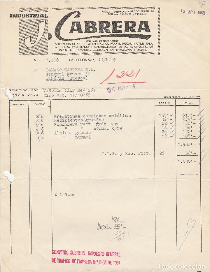 Factures anciennes: FACTURA. INDUSTRIAL J. CABRERA. BARCELONA. 1965.