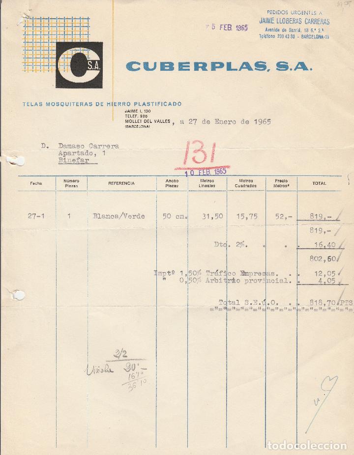 Factures anciennes: FACTURA. CUBERPLAS, S.A. TELAS MOSQUITERAS DE HIERRO PLASTIFICADO. MOLLET DEL VALLES. 1965.