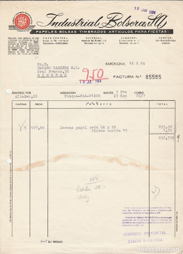 Factures anciennes: FACTURA. INDUSTRIAL BOLSERA, S.A. BARCELONA. 1964.