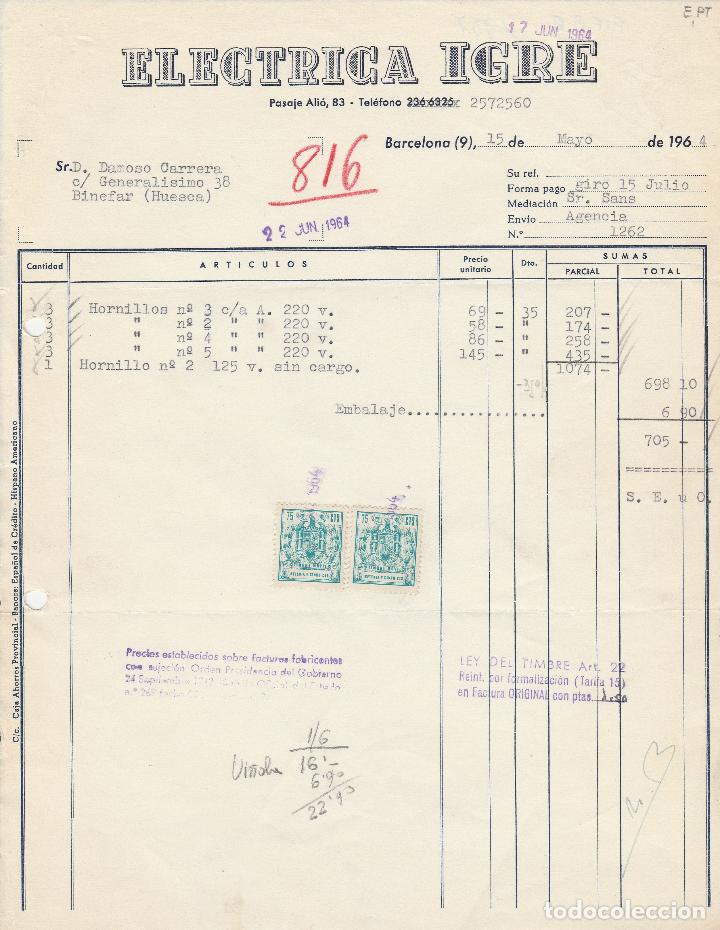Alte Rechnungen: FACTURA. EL&Eacute;CTRICA IGRE.  BARCELONA.  1964.