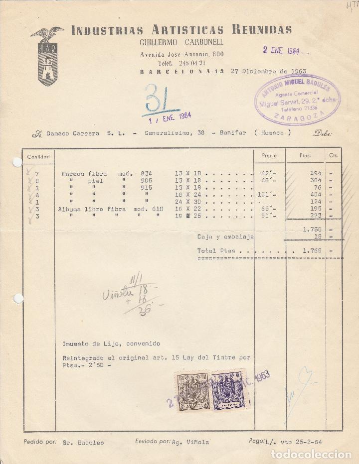 Alte Rechnungen: FACTURA. INDUSTRIAS ART&Iacute;STICAS REUNIDAS. BARCELONA. 1963.