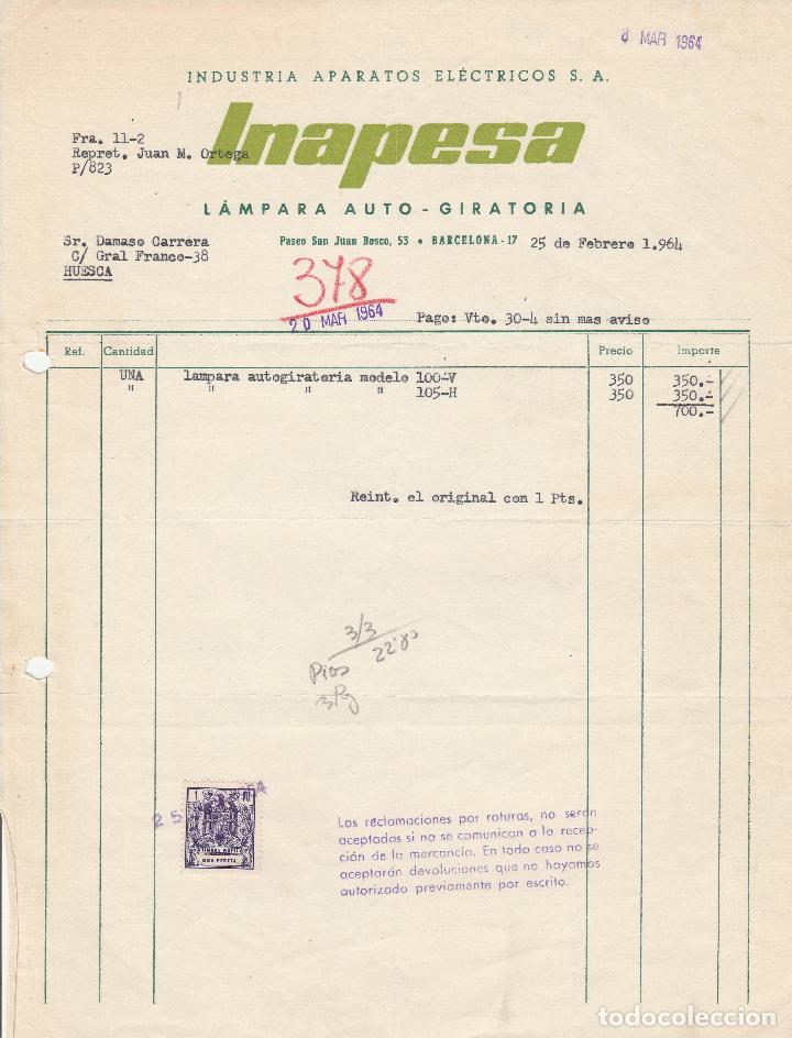 Alte Rechnungen: FACTURA. INDUSTRIAS APARATOS ELECTRICOS S.A. INAPESA.  BARCELONA. 1964.