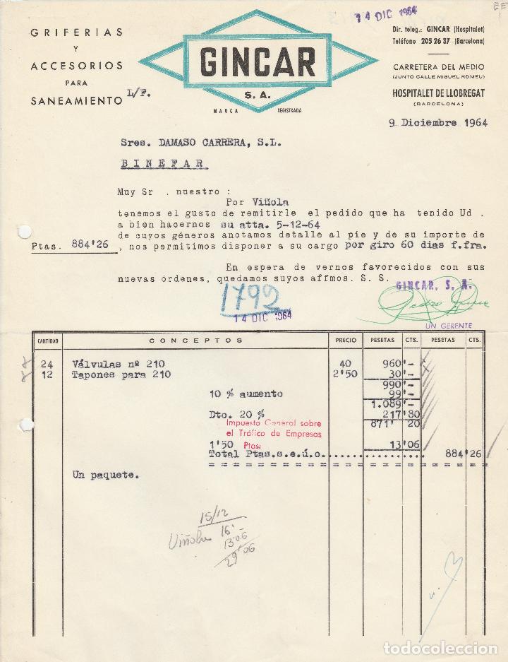 Alte Rechnungen: FACTURA. GINCAR, S.A. GRIFERIAS Y ACCESORIOS. HOSPITALET DE LLOBREGAT. 1964.