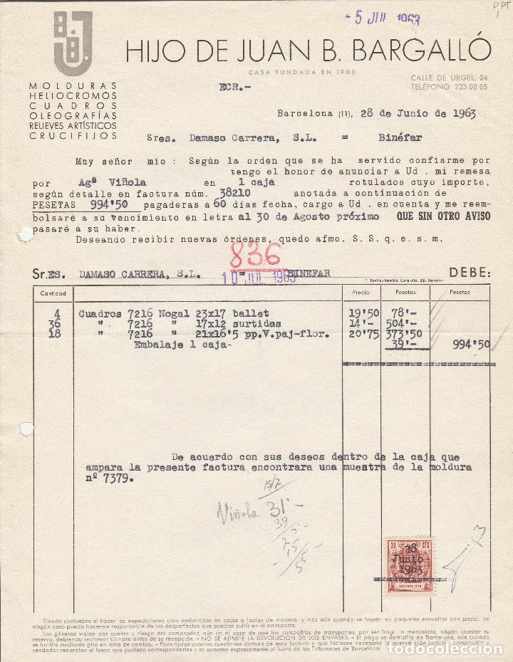 Alte Rechnungen: FACTURA. HIJO DE JUAN B. BARGALL&Oacute;. BARCELONA. 1963.