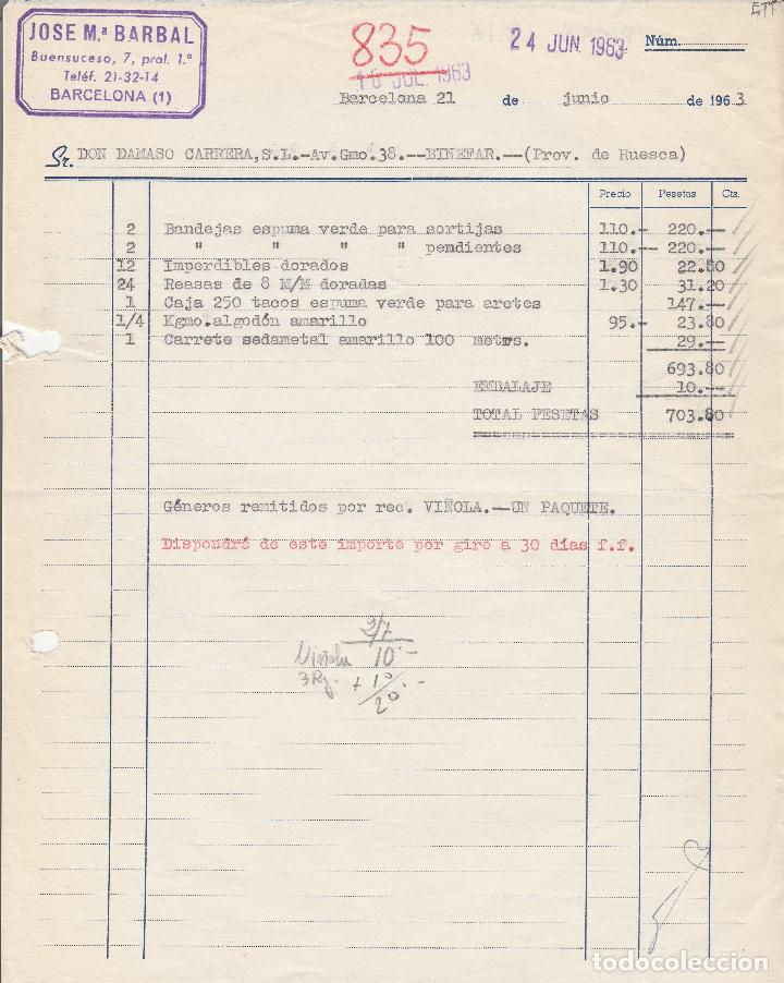 Alte Rechnungen: FACTURA. JOSE M&ordf;. BARBAL. BARCELONA. 1963.