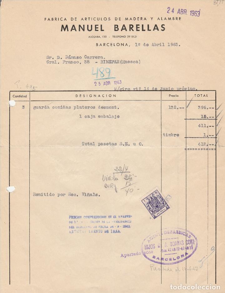Alte Rechnungen: FACTURA. MANUEL BARELLAS. F&Aacute;BRICA DE ART&Iacute;CULOS DE MADERA Y ALAMBRE. BARCELONA. 1963.