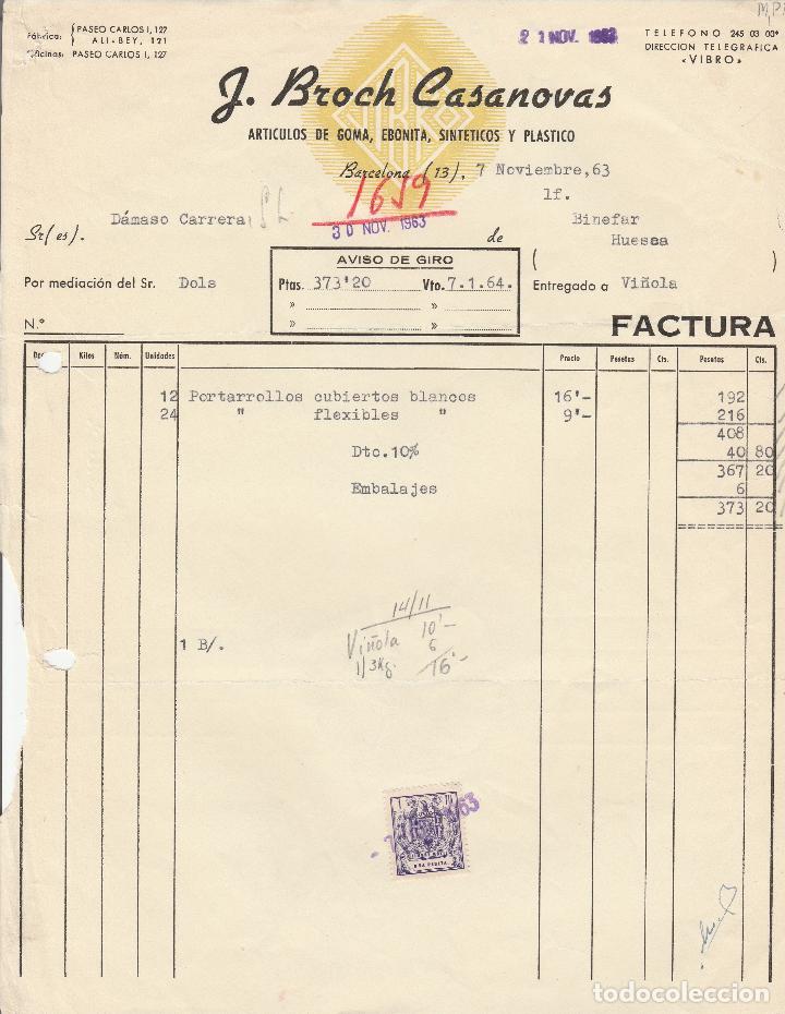 Alte Rechnungen: FACTURA. J.BROCH CASANOVAS. ARTICULOS DE GOMA. BARCELONA. 1963.