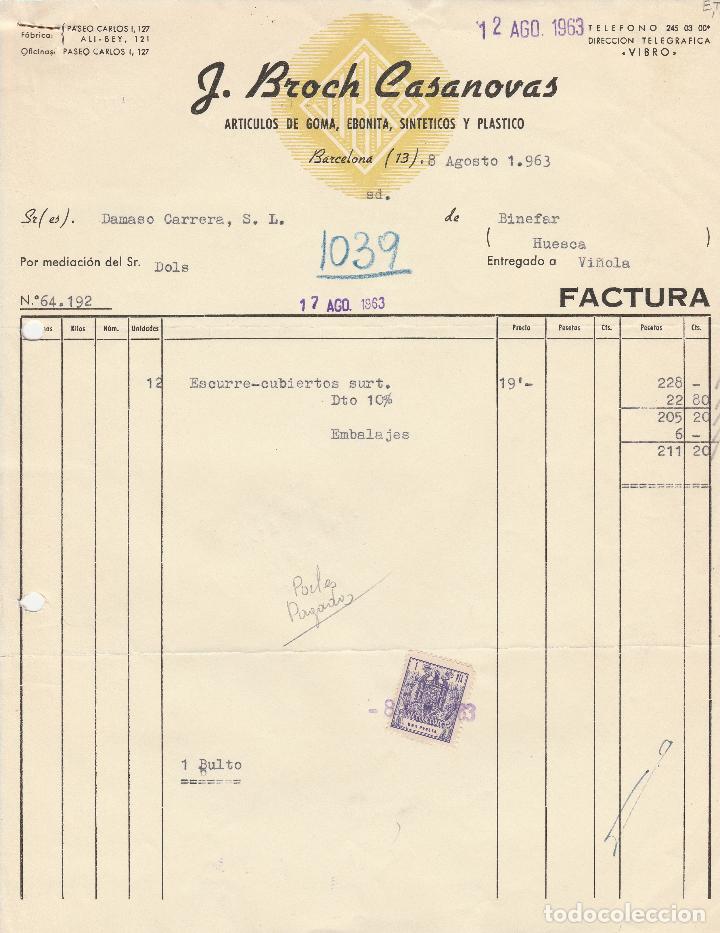 Alte Rechnungen: FACTURA. J.BROCH CASANOVAS. ARTICULOS DE GOMA. BARCELONA. 1963.