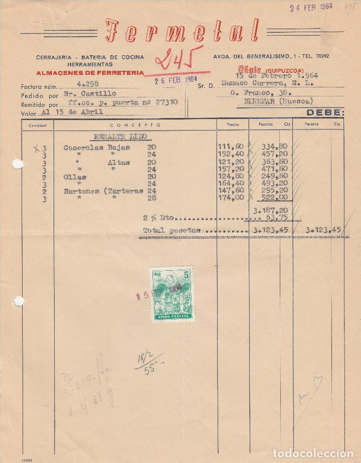 Alte Rechnungen: FACTURA. FERMETAL. CERRAJER&Iacute;A. BATER&Iacute;A DE COCINA. O&Ntilde;ATE-GUIPUZCOA. 1964.