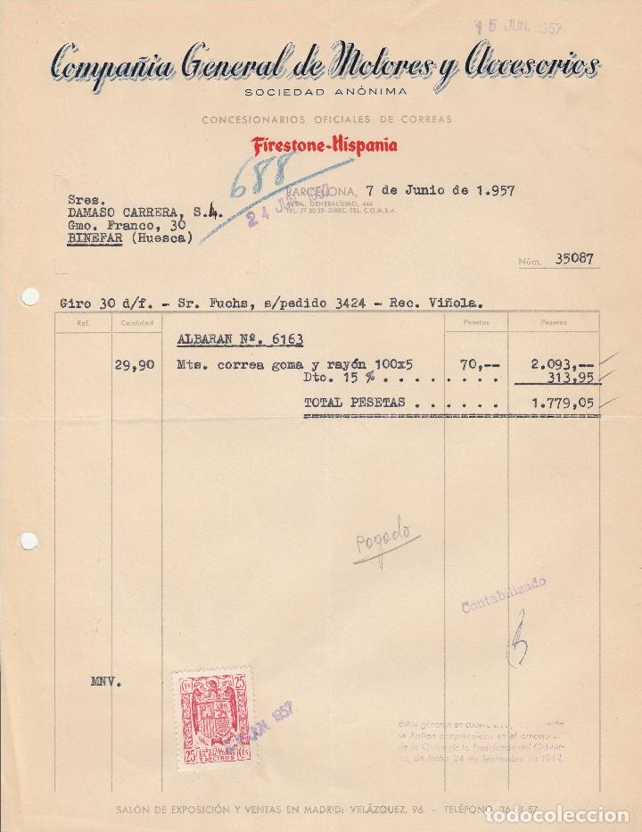 Alte Rechnungen: FACTURA. COMPA&Ntilde;IA GENERAL DE MOTORES Y ACCESORIOS, SOCIEDAD AN&Oacute;NIMA. BARCELONA. 1957.