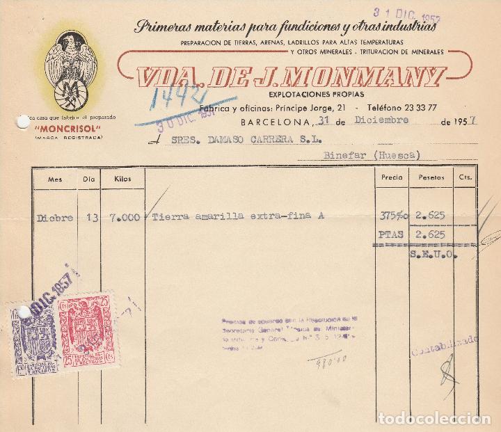 Alte Rechnungen: FACTURA. VDA. DE J. MONMANY. PRIMERAS MATERIAS PARA FUNDICIONES Y OTRAS INDUSTRIAS. BARCELONA. 1957.