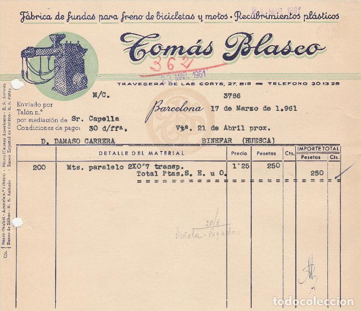 Facturas antiguas: FACTURA. TOM&Aacute;S BLASCO. F&Aacute;BRICA DE FUNDAS PARA FRENO DE BICICLETAS. BARCELONA. 1961.