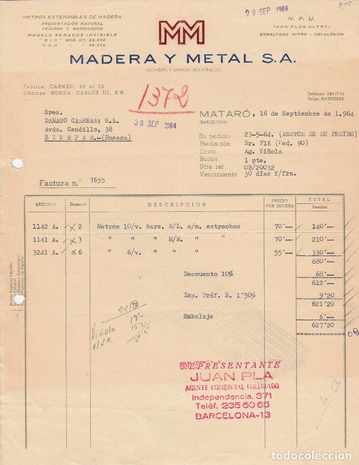 Factures anciennes: FACTURA.  MADERA Y METAL S.A.  MATAR&Oacute;-BARCELONA. 1964.