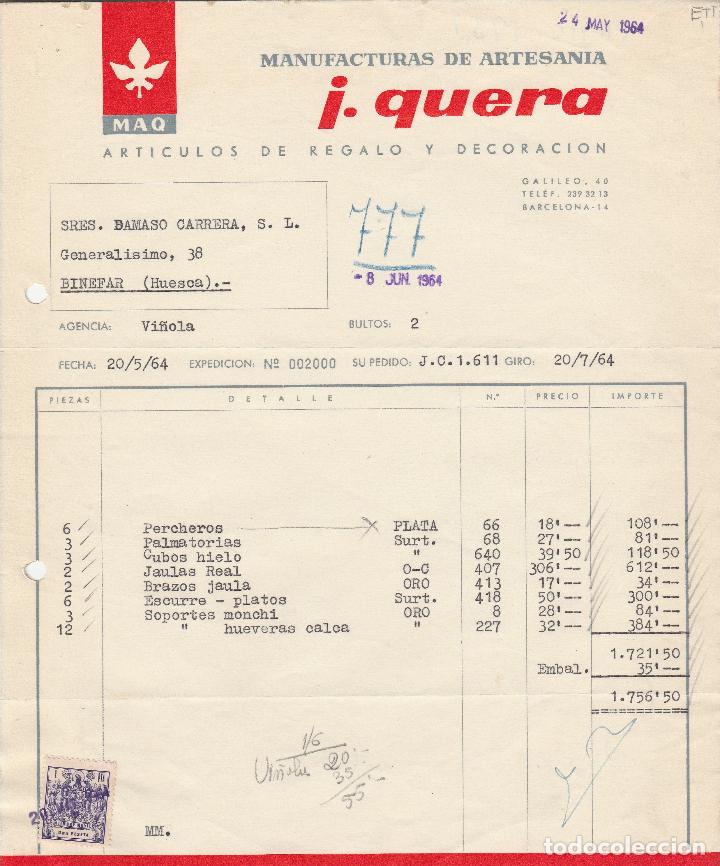 Factures anciennes: FACTURA. MANUFACTURAS DE ARTESANIA. i. QUERA.  BARCELONA. 1964.