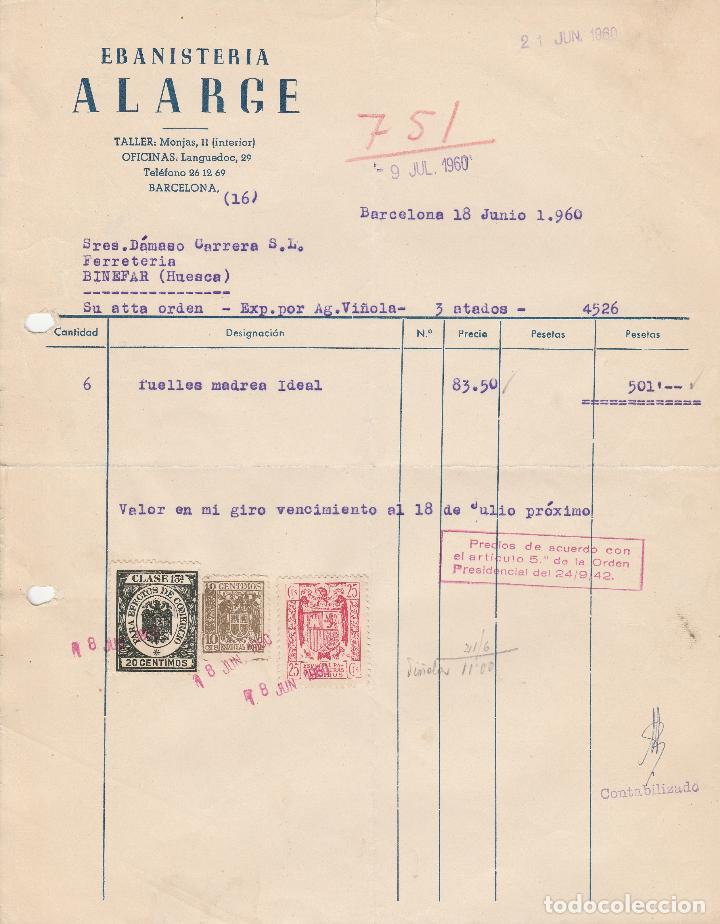 Factures anciennes: FACTURA. EBANISTERIA  ALARGE.  BARCELONA. 1960.