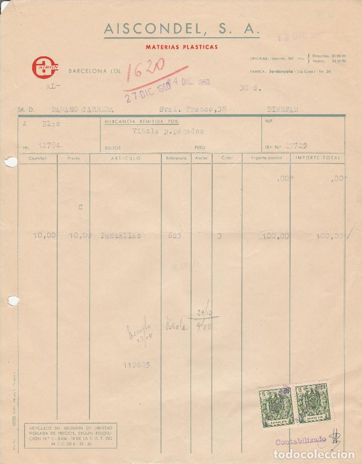 Factures anciennes: FACTURA. AISCONDEL, S.A. MATERIAS PL&Aacute;STICAS.  BARCELONA.  1960.