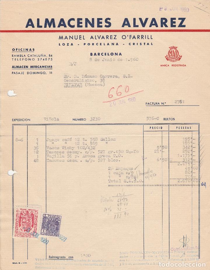 Factures anciennes: FACTURA. ALMACENES ALVAREZ. MANUEL ALVAREZ O`FARRILL. BARCELONA. 1960.