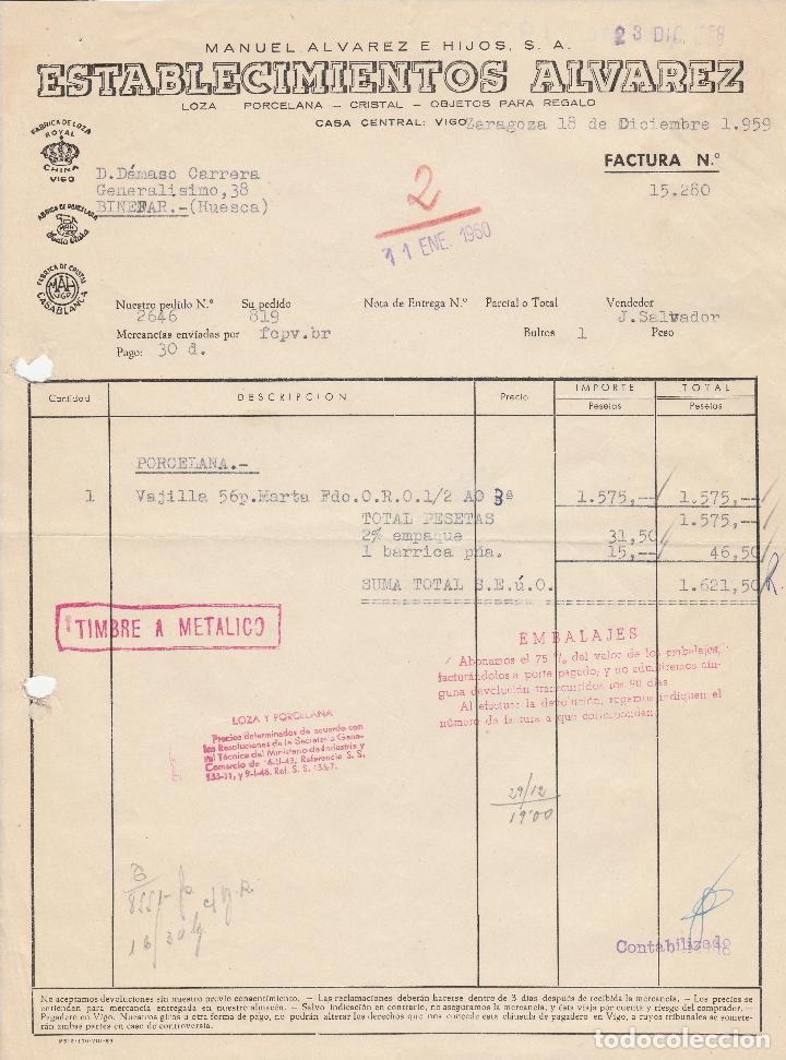 Factures anciennes: FACTURA. ESTABLECIMIENTOS ALVAREZ. MANUEL ALVAREZ E HIJOS S.A.  ZARAGOZA. 1959.